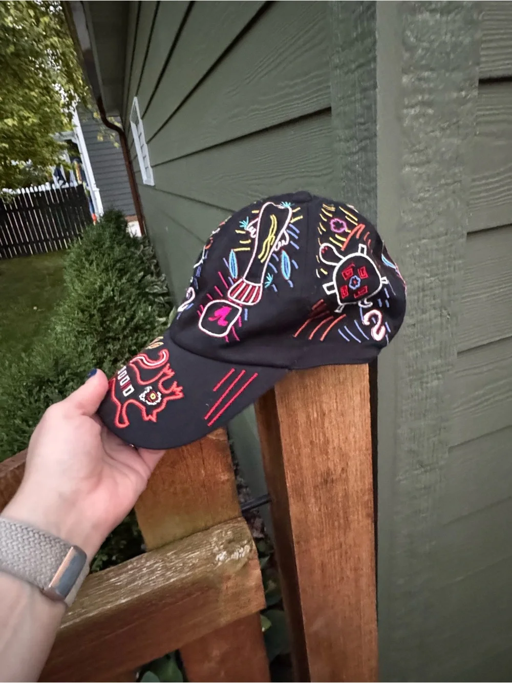 Chico's Black Baseball Cap with Neon Multicolor Embroidery